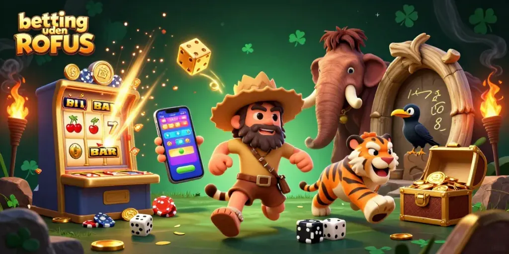 Experience betting uden ROFUS with our cartoon illustration of a prehistoric casino filled with vibrant casino elements.