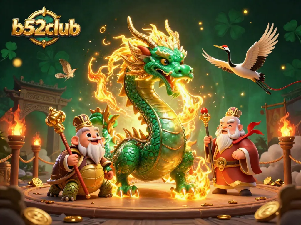 Bettors engage with b52club's emerald dragon and lucky cranes in a vibrant casino scene.