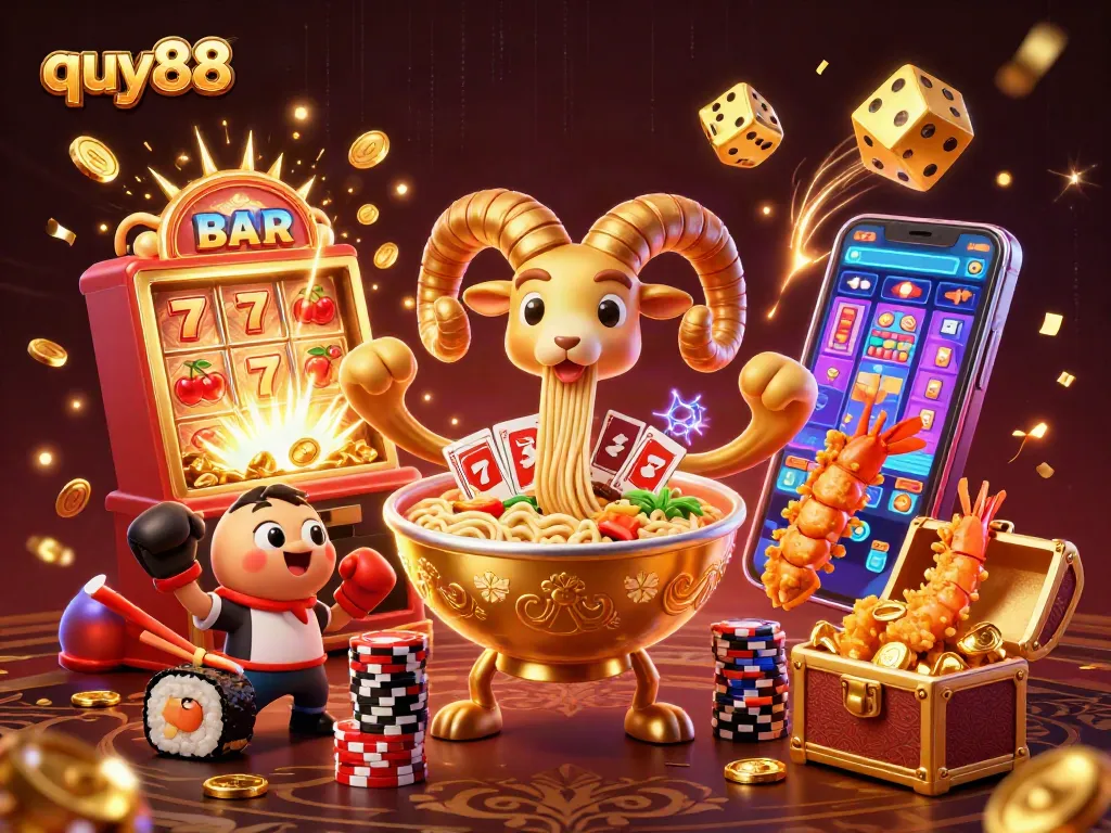 Join the action at quy88 with a vibrant, dynamic casino celebration featuring a golden ramen bowl and more!