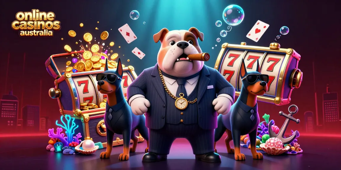 Engaging illustration of online casinos Australia featuring a mafia bulldog and treasure elements.