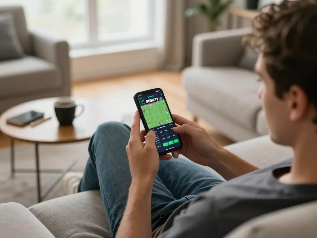Betting on sports with SSBET77 app in a cozy home setting