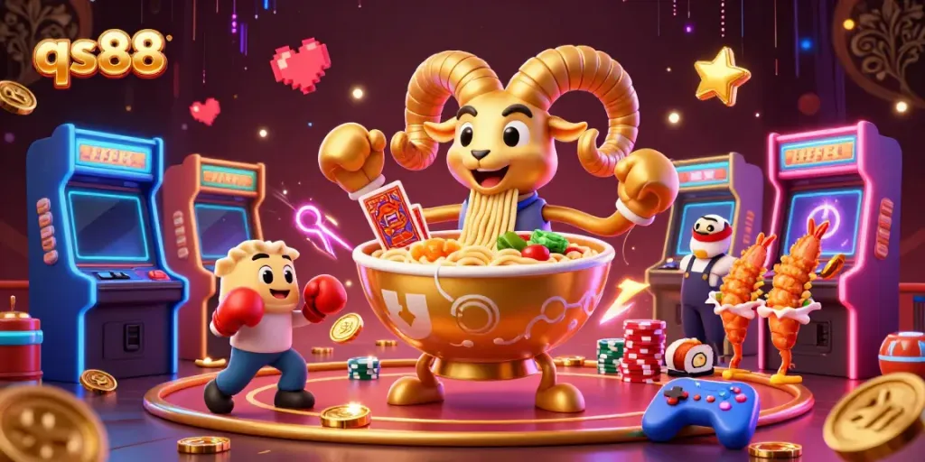 Experience the vibrant energy of qs88 with a 3D golden ramen bowl and animated casino characters.