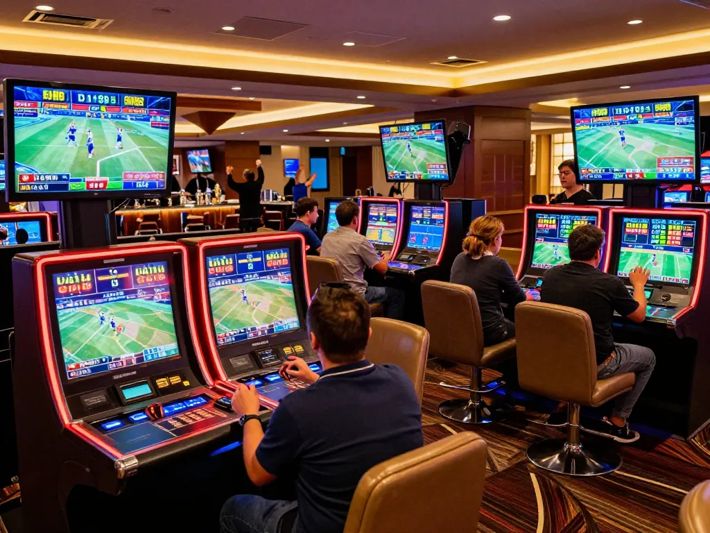 DA88 sports betting environment with patrons placing bets and cheering for live games.