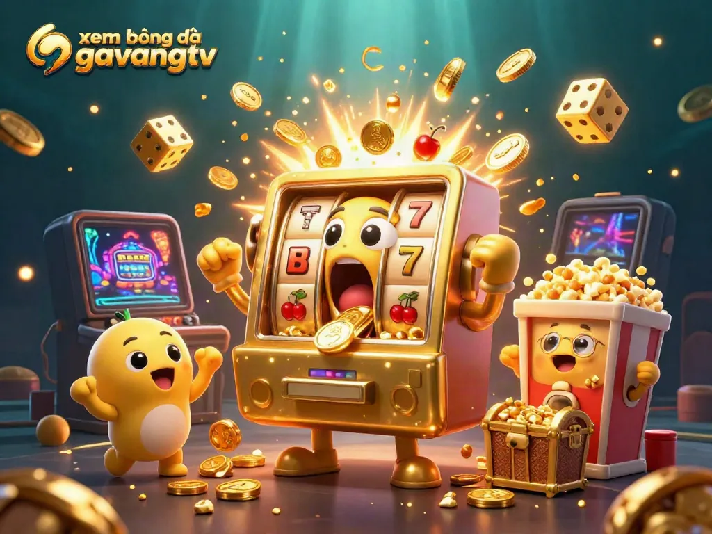Experience the thrill of xem bóng đá gavangtv with a dynamic illustration of golden slot machines winning jackpots.