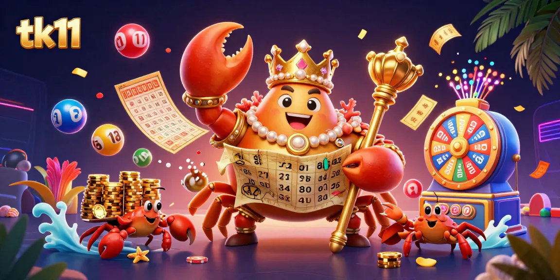 tk11 showcases a dynamic gambling scene with a golden crab emperor amidst colorful lottery elements and vibrant prizes.