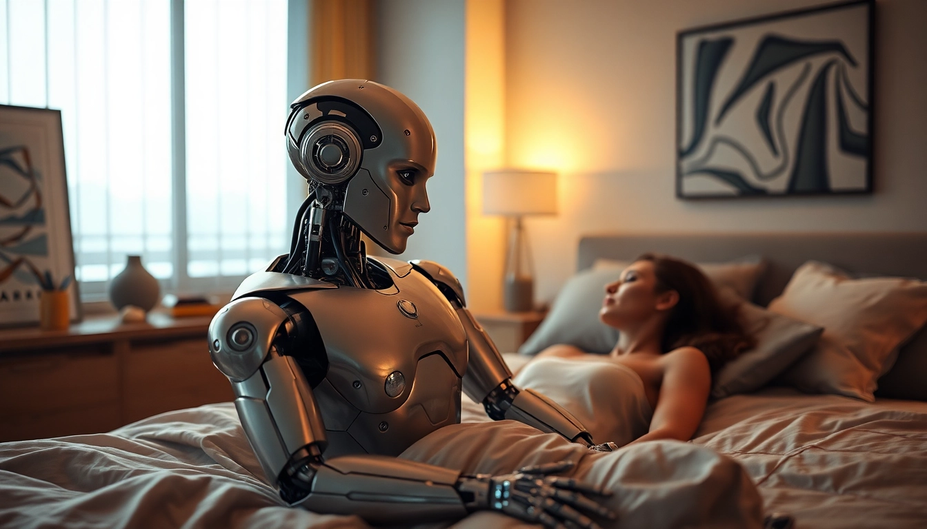 Intimate interaction with a humanoid sex bot in a modern bedroom setting.