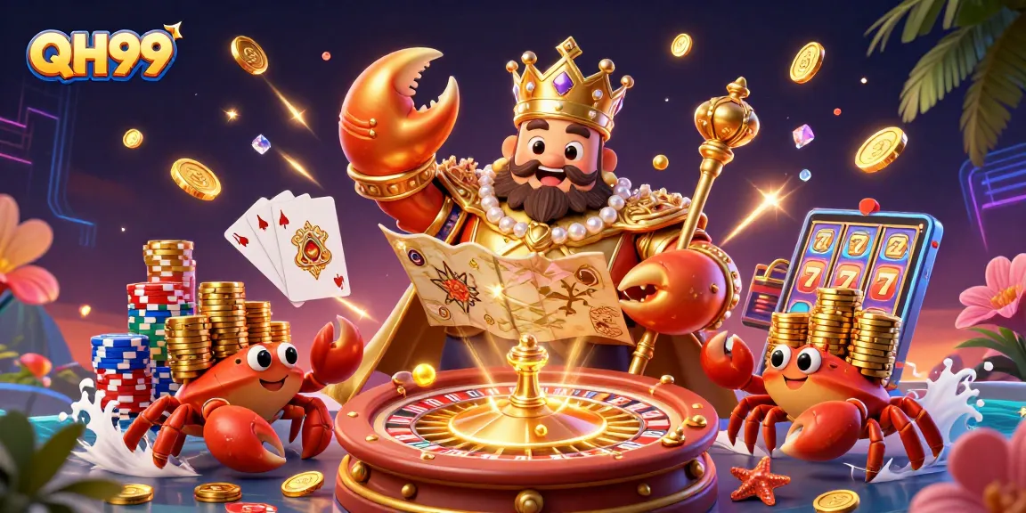 Experience thrilling gameplay with QH99 in a vibrant 3D casino scene featuring a crab emperor.