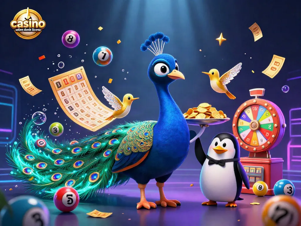 Experience vibrant gaming at casino uden dansk licens with peacock, penguin, and hummingbird characters.