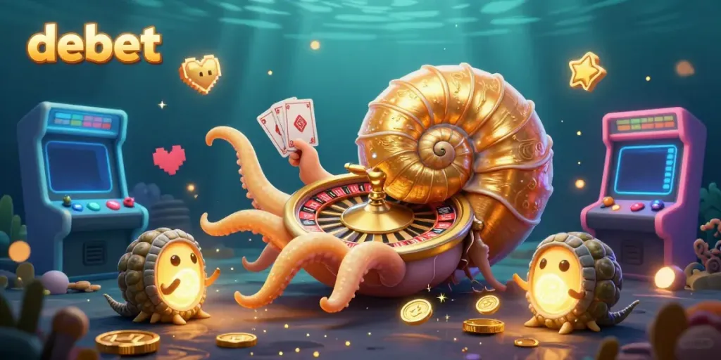 Engage with debet's vibrant casino scene showcasing a giant nautilus and glowing game elements.