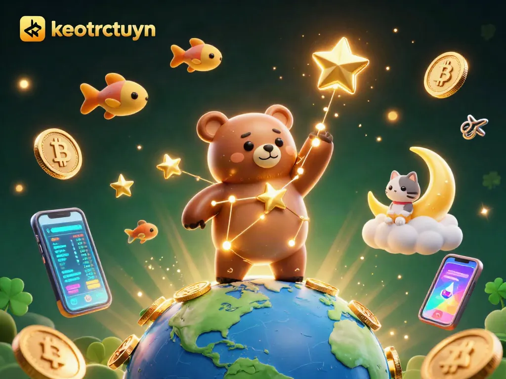 Experience keotructuyen's vibrant world; collect glowing coins while engaging with captivating cosmic characters.