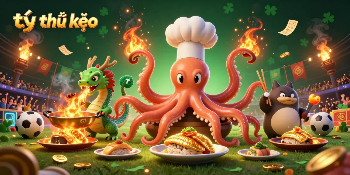 Experience vibrant tỷ lệ kèo action with a sushi-chef octopus preparing golden dishes in a sports betting scene.