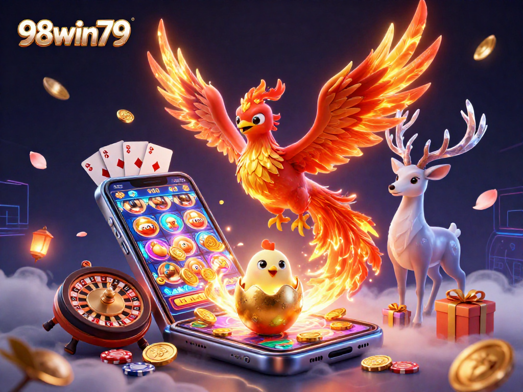 Engage with the vibrant 98win79 fire phoenix in a dynamic casino scene filled with action and colors.