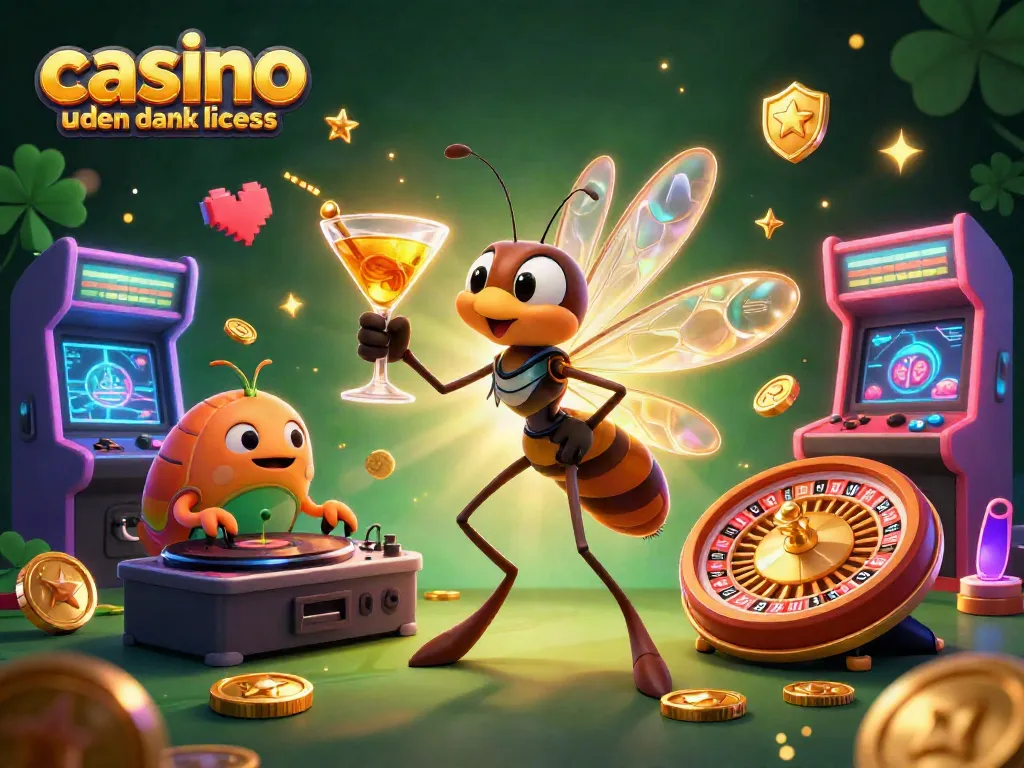Experience casino uden dansk licens with a vibrant 3D illustration featuring unique game mascots.