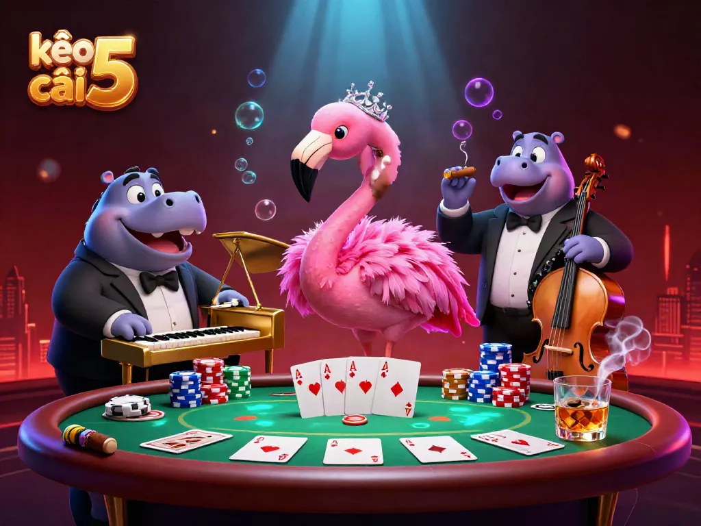 Engage with kèo nhà cái 5 in this lively scene featuring vibrant casino characters and dynamic gambling elements.