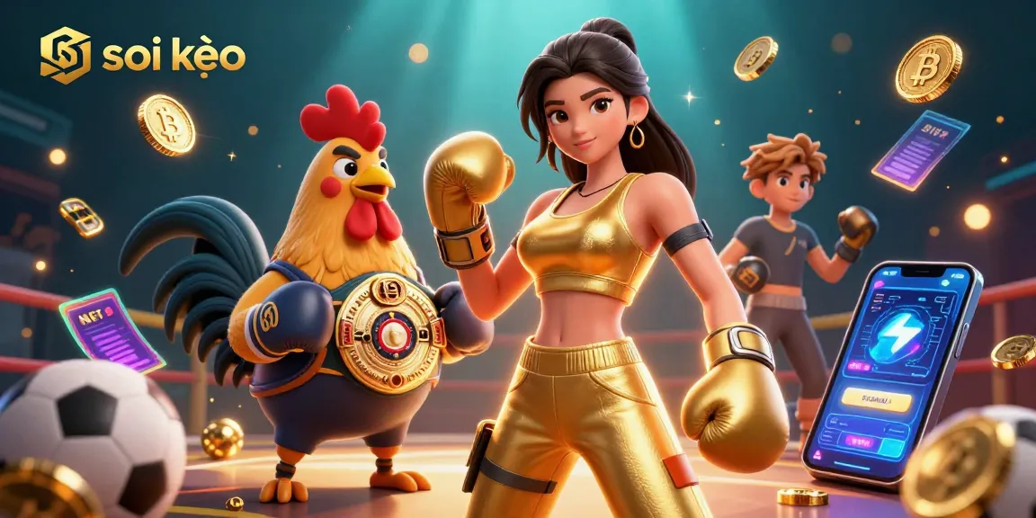 Soi kèo strategy highlighted by dynamic sports-themed characters featuring a boxing woman and cartoon rooster