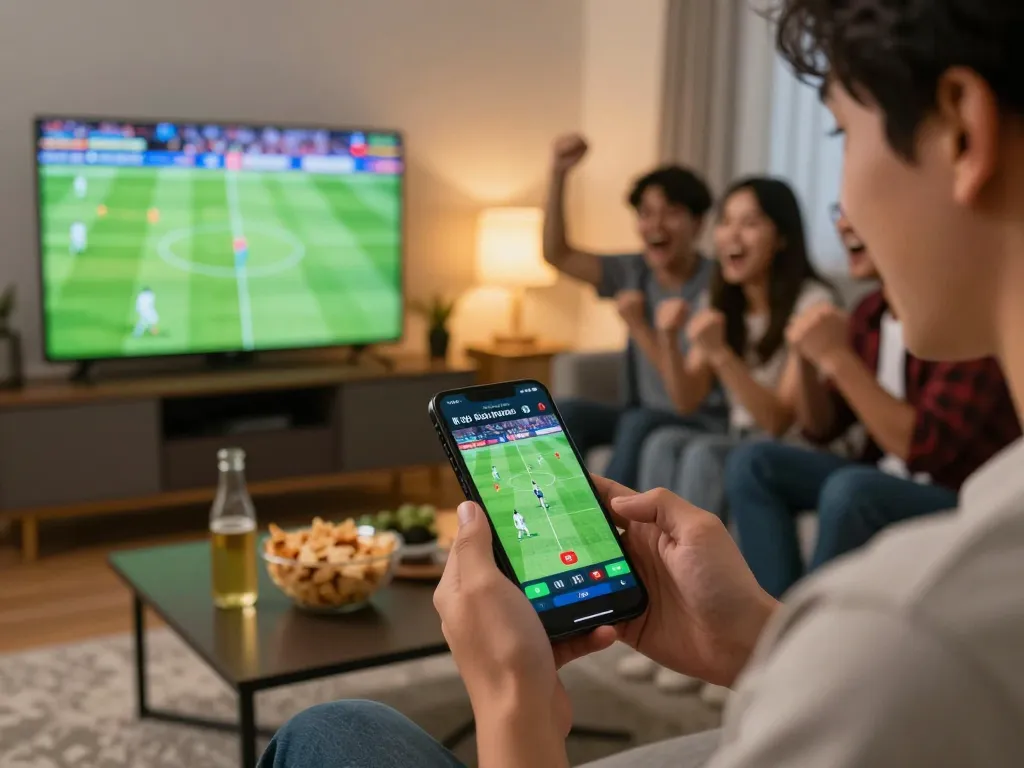 Engaging in kèo bóng đá trực tuyến betting with friends during an exciting football match, showcasing an interactive sports atmosphere.