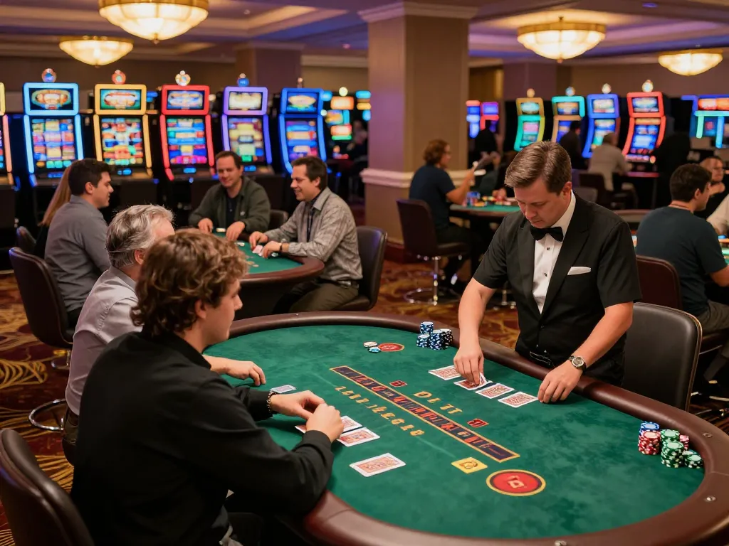 Players engaging in strategic blackjack games at 9bet casino, lively atmosphere with dealer and colorful tables
