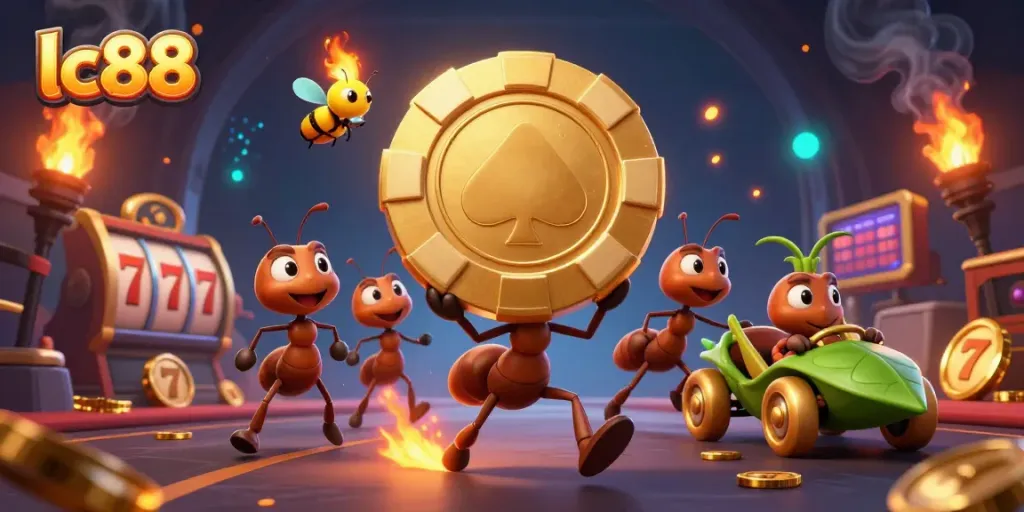 Join the heist at lc88 with ants carrying a giant poker chip in this thrilling gambling adventure scene.