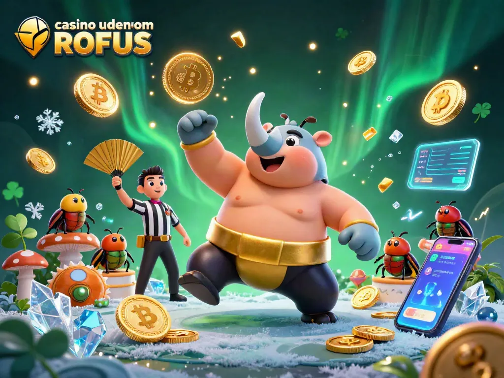 Experience casino uden om ROFUS with a dynamic scene featuring a sumo champion and crypto elements.
