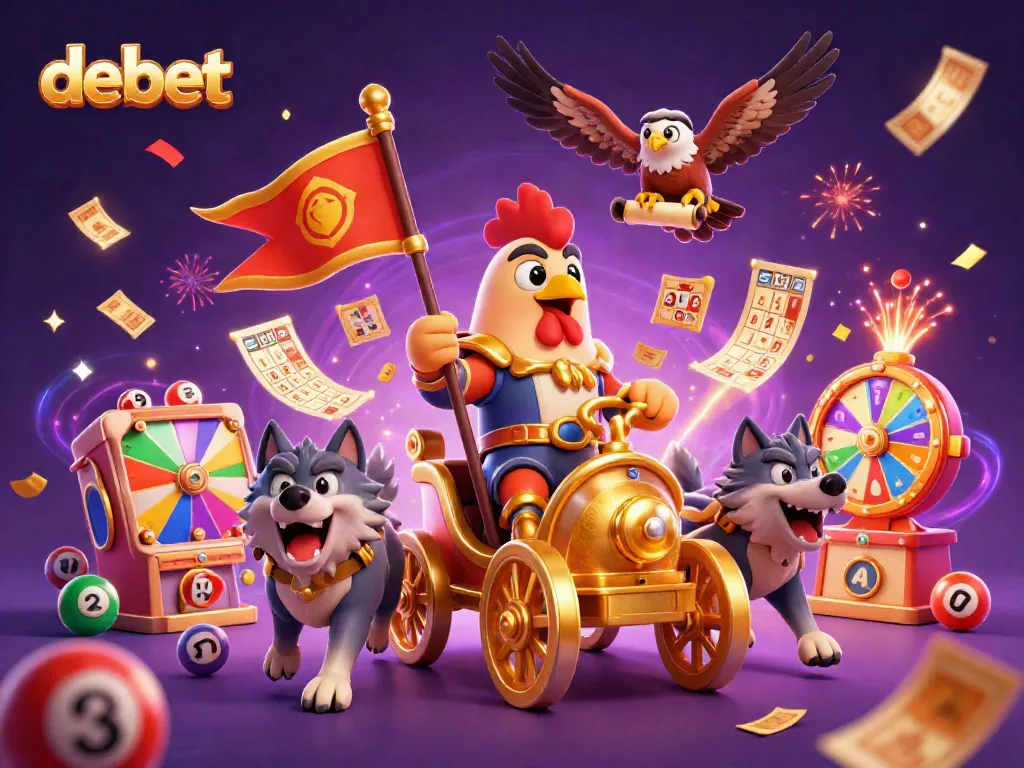 Experience the excitement of debet with a cartoon rooster warlord and vibrant casino elements.