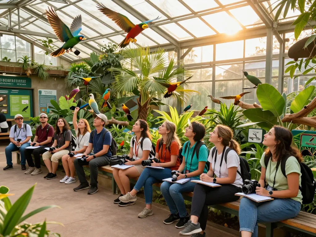 Discovering birds at Fly88 aviary, diverse travelers capturing their adventure.