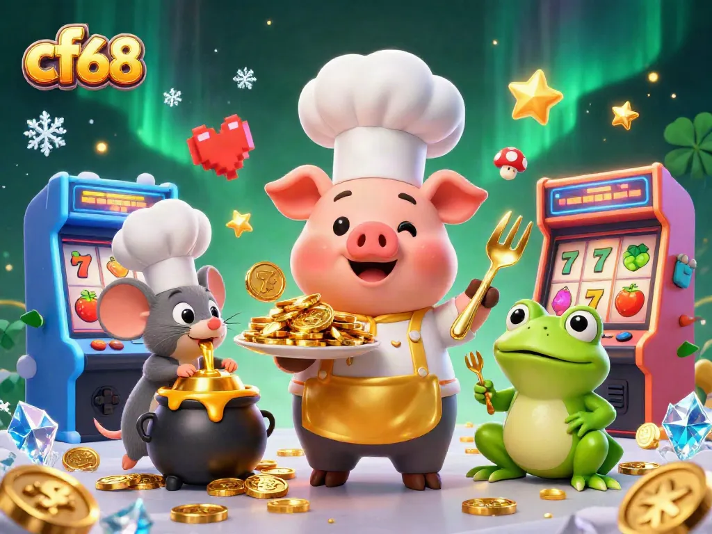Play thrilling games and win with cf68's vibrant 3D cartoon casino scene featuring pig, mouse, and frog characters.