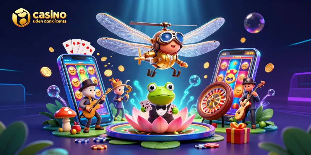 Play games at casino uden dansk licens with a vibrant 3D animated scene featuring a frog croupier.