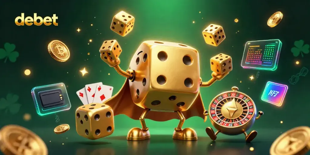 Catch exciting gaming action as the debet golden dice golem juggles with Bitcoin and Ethereum alongside his colorful casino celebration.