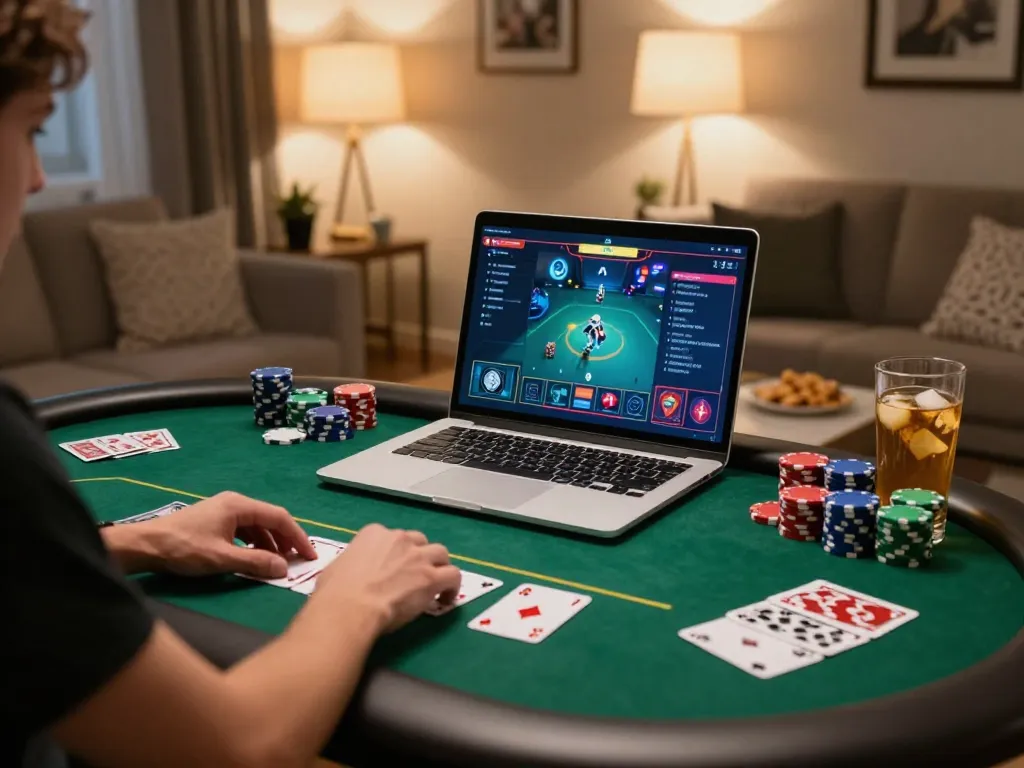 Player engaging in a strategic HITCLUB online poker game at home, showcasing chips and cards.