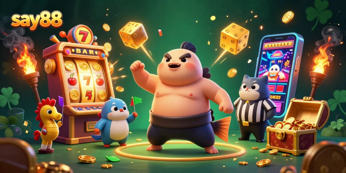 Experience the excitement of say88 with a dynamic 3D illustration featuring a fugu, catfish referee, and gaming elements.