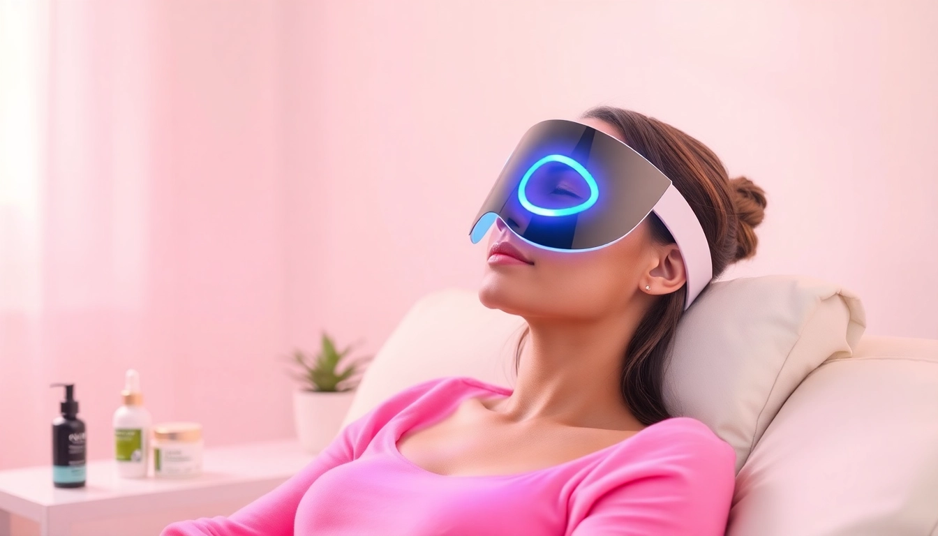 A woman using an ir mask at home, featuring modern design and LED lights for effective skincare.