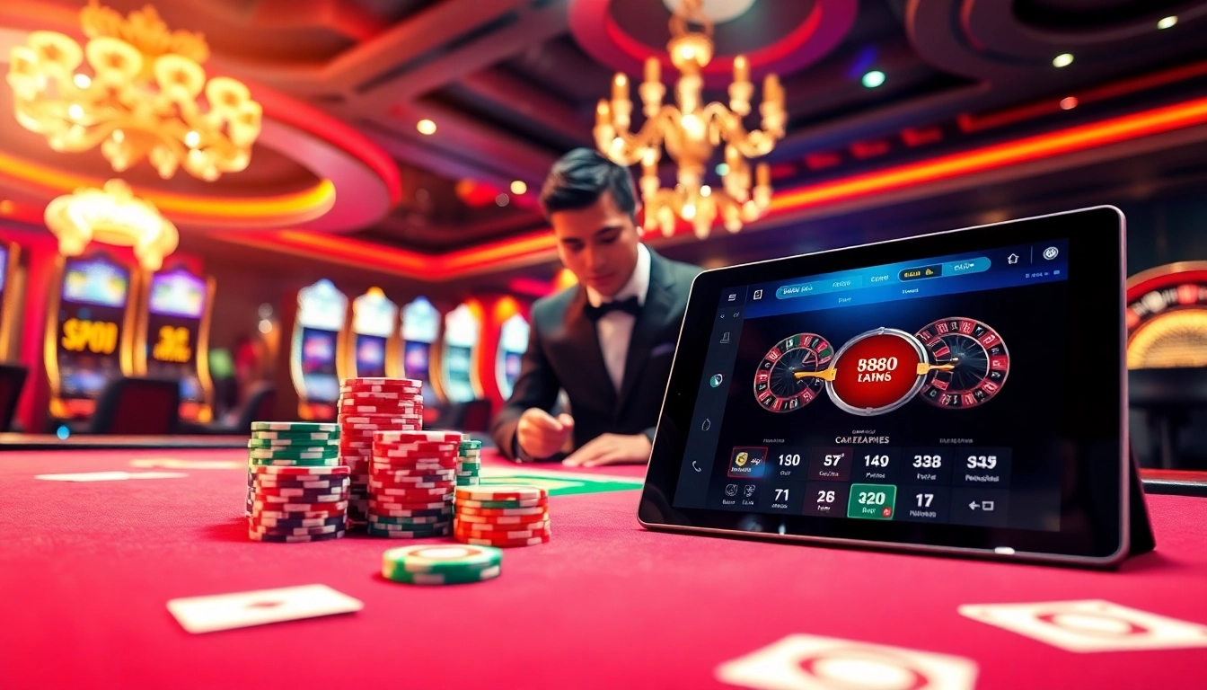 Experience high-stakes excitement at U888 with vibrant casino tables, poker chips, and a roulette wheel.