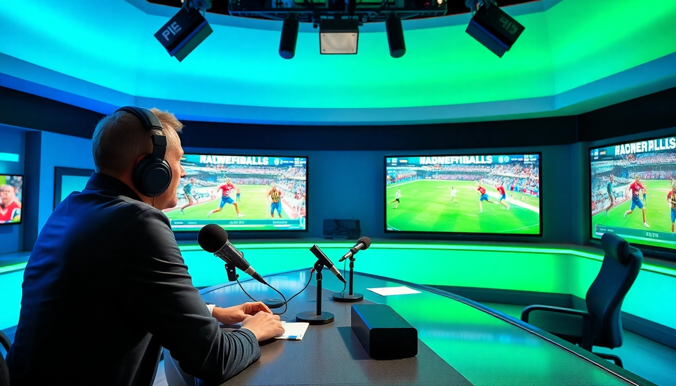 Engaging sports broadcasting scene with a host discussing live events in a vibrant studio.