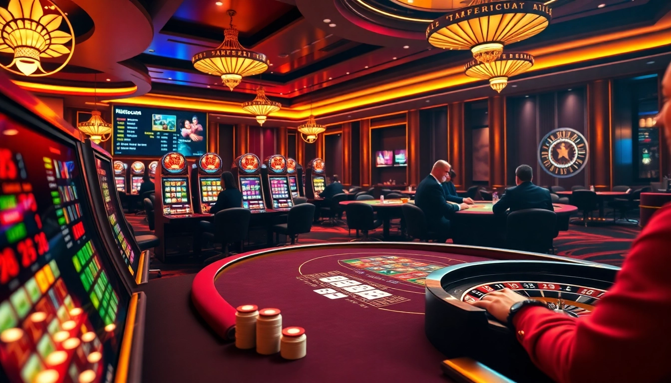 Exciting gambling scene at https://f1682.email/ with poker tables and vibrant slot machines.
