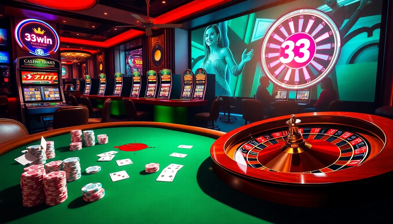 Experience thrilling gambling action at https://33win.property/ with a lively casino atmosphere featuring poker tables and slot machines.