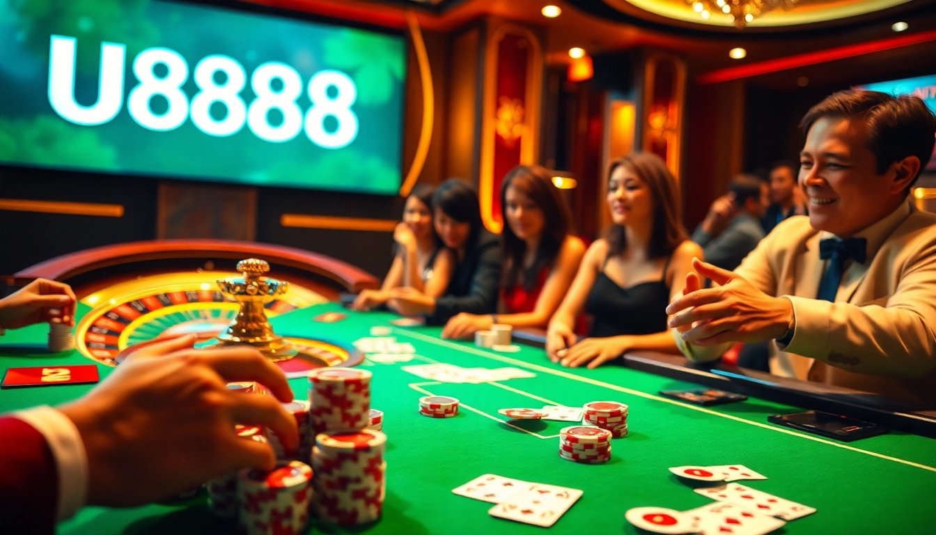 U888 casino players enjoying a vibrant game at a luxury poker table with chips and cards.
