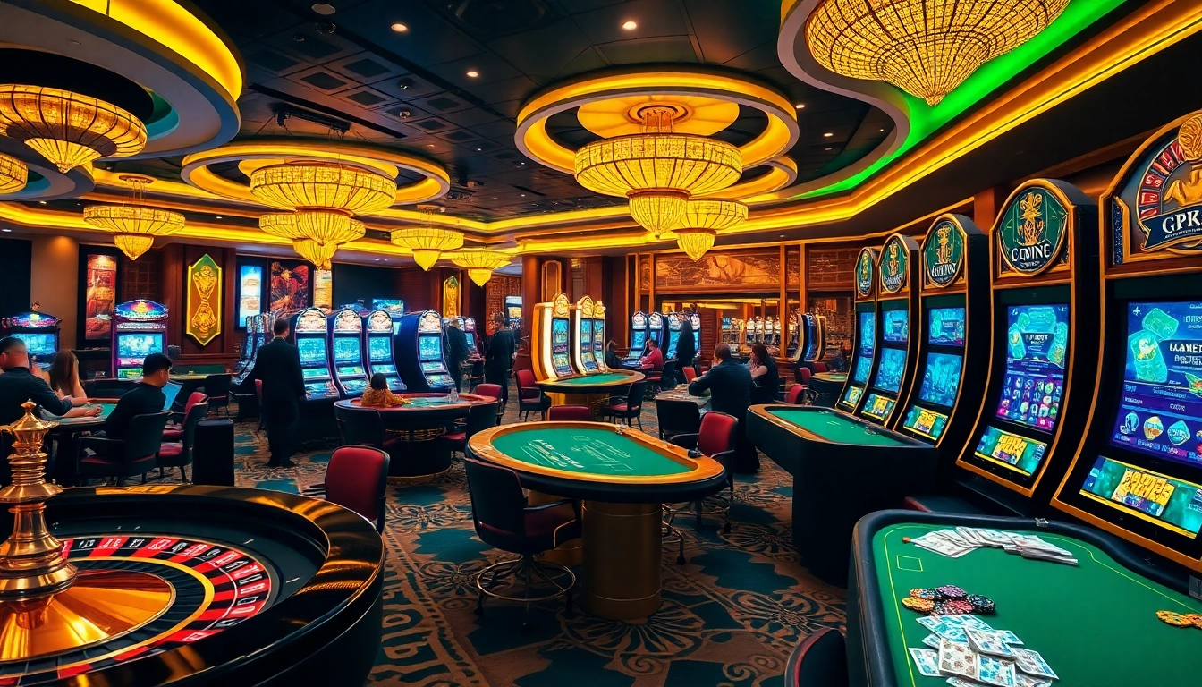 Experience the vibrant excitement of gg8888 in a luxury casino scene with roulette, poker, and slot machines.