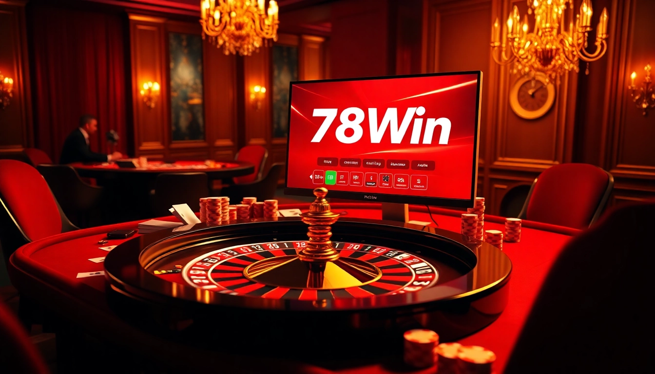 Engaging gamblers at 78Win with a luxurious casino atmosphere featuring roulette and chips.