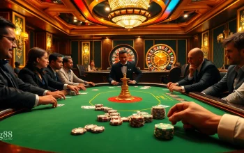 Gamblers at a luxurious poker table showcasing https://gg88.ltd/ with excitement and high-stakes action.