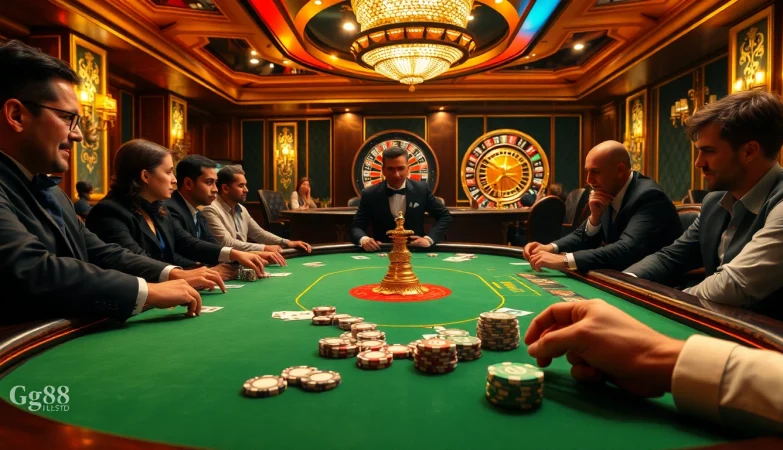 Gamblers at a luxurious poker table showcasing https://gg88.ltd/ with excitement and high-stakes action.