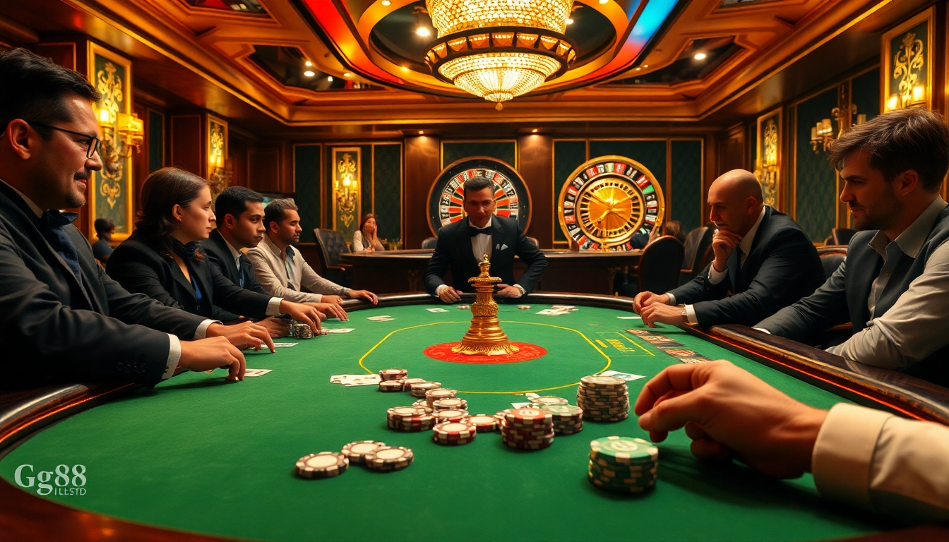 Gamblers at a luxurious poker table showcasing https://gg88.ltd/ with excitement and high-stakes action.
