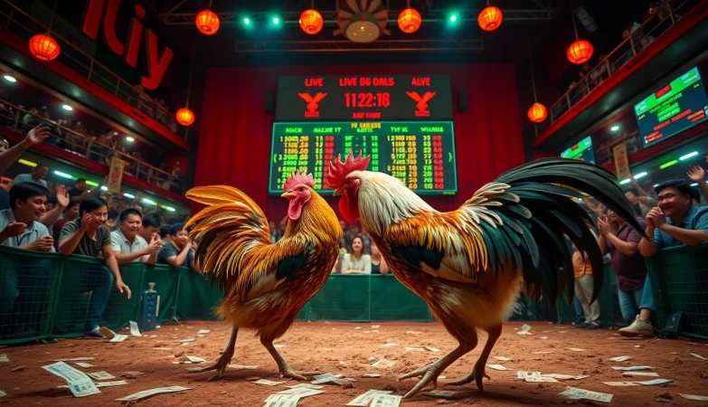 Experience the thrill of đá gà trực tiếp as lively roosters battle in a vibrant arena.