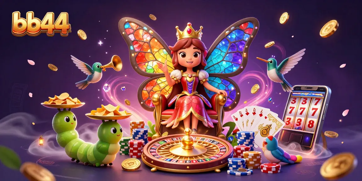 Experience bb44's vibrant casino scene with a butterfly queen and dynamic gaming elements.