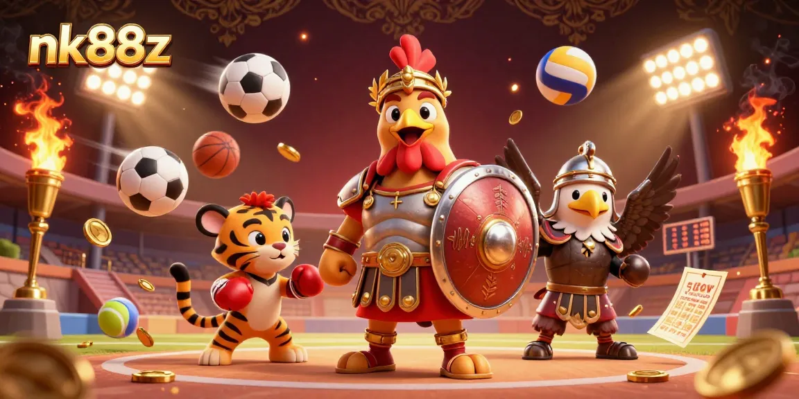 Engage with nk88z at the vibrant colosseum arena featuring a gladiator rooster and sports elements.