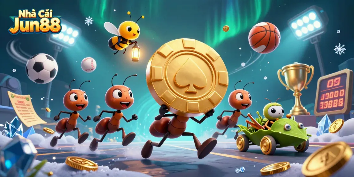 Experience the thrill of Nhà cái Jun88 with a cartoon heist scene involving giant poker chips and dynamic sports elements.