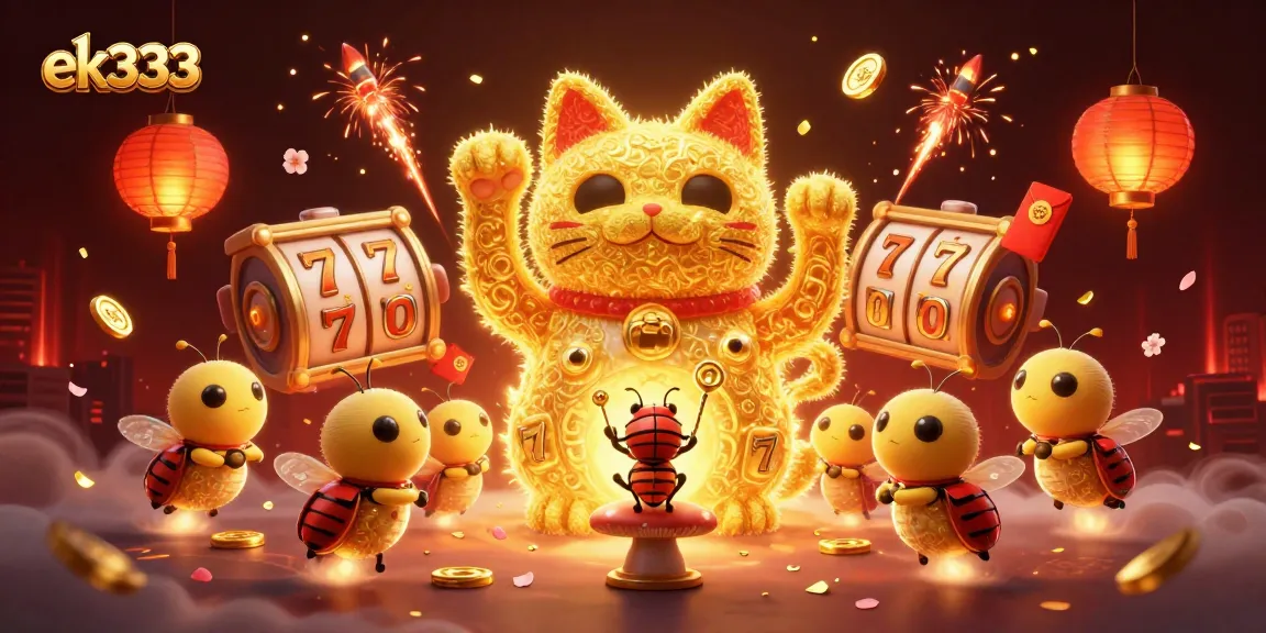 Experience the excitement of ek333 in this vibrant casino scene with lucky symbols and golden details.