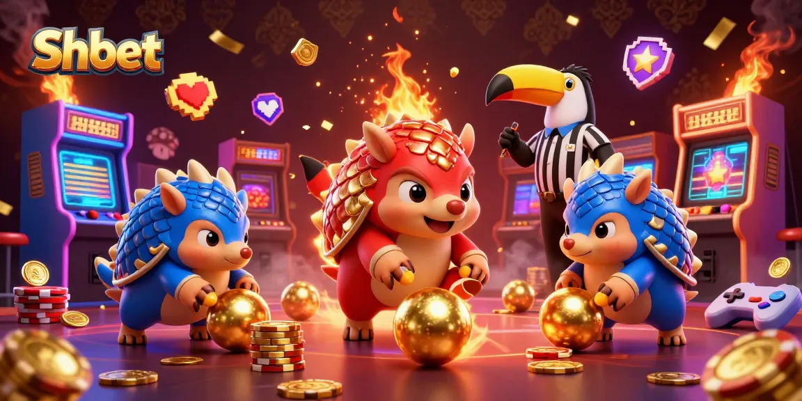Shbet offers a dynamic gaming experience with rival pangolins competing among casino chips and gold elements.
