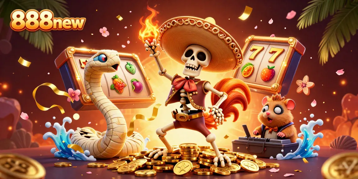 Celebrate wins with 888new at a vibrant 3D casino scene featuring colorful slots and lively characters.