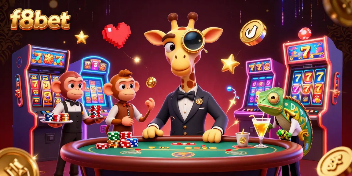 Engage with f8bet's vibrant 3D casino scene featuring a giraffe high-roller, a monkey valet, and a chameleon bartender.