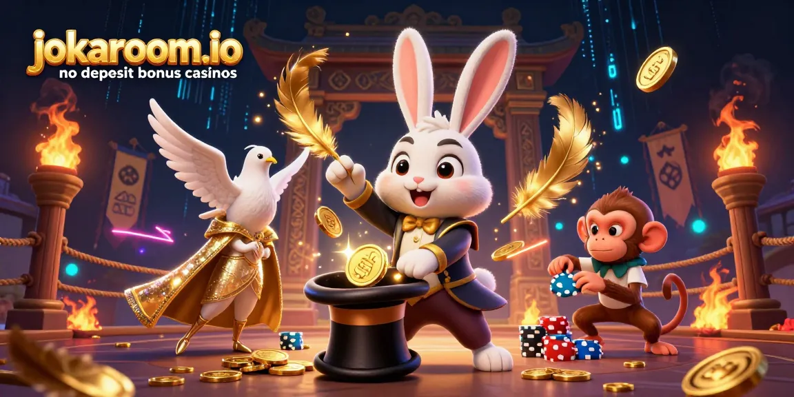 Experience fun with jokaroom.io no deposit bonus casinos featuring a magician rabbit and playful casino elements.